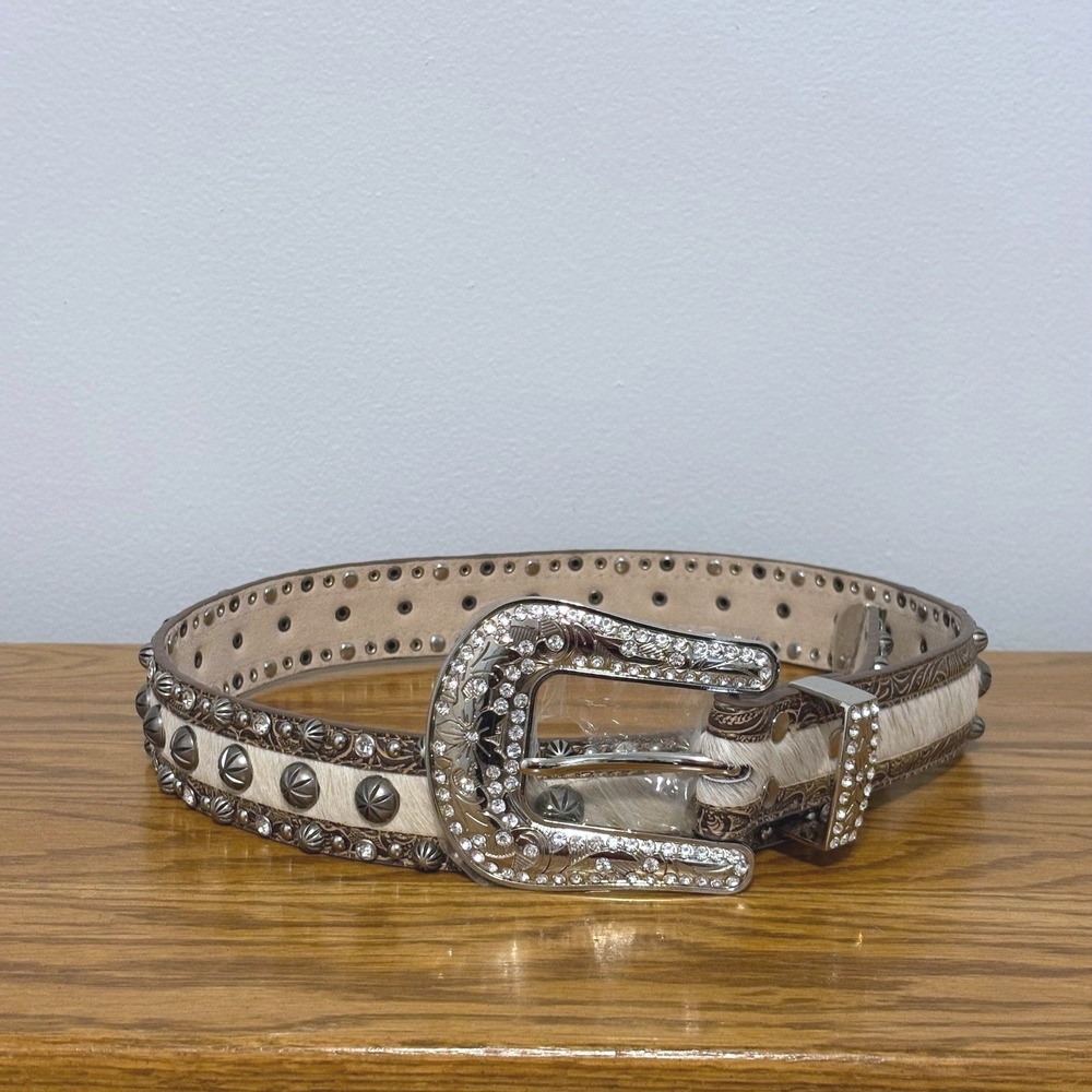 Angel Ranch Womens Brown Tooled Leather Hair on Hide Crystal Studded Belt L
